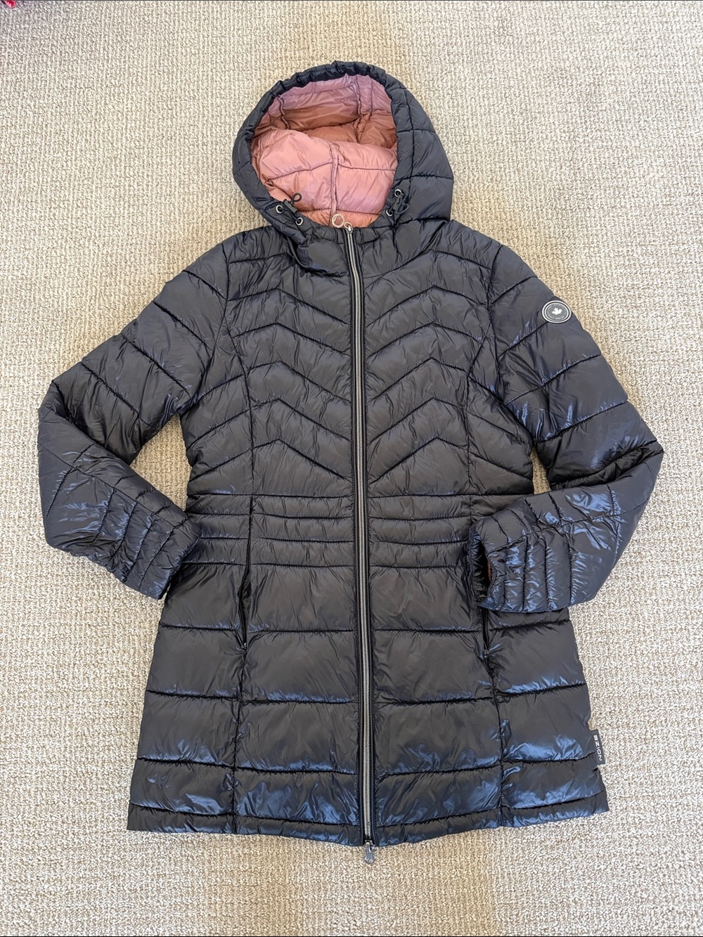 Women's Black Hooded Packable Puffer Coat with Pink Lining